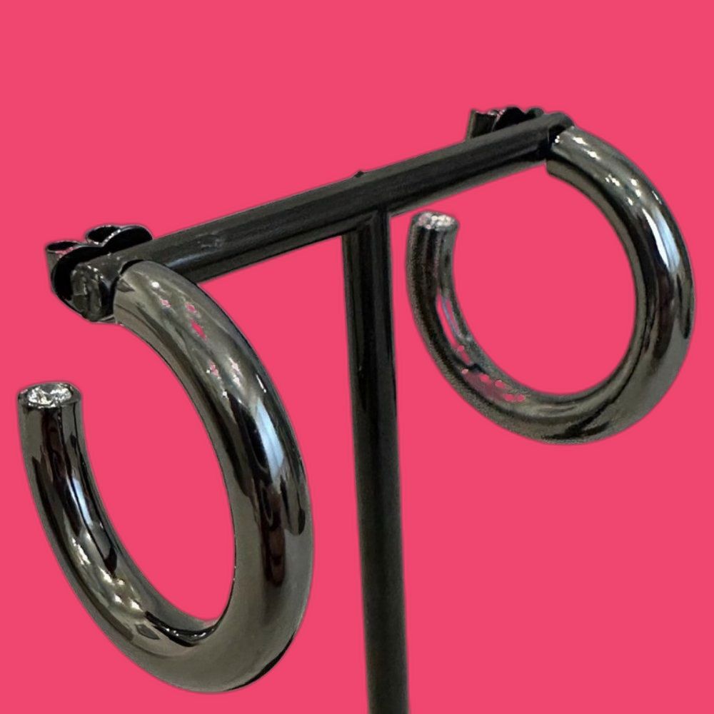 JCL Sterling Silver 925 Hoop Earrings black finish with CZ - 1.5" hoops